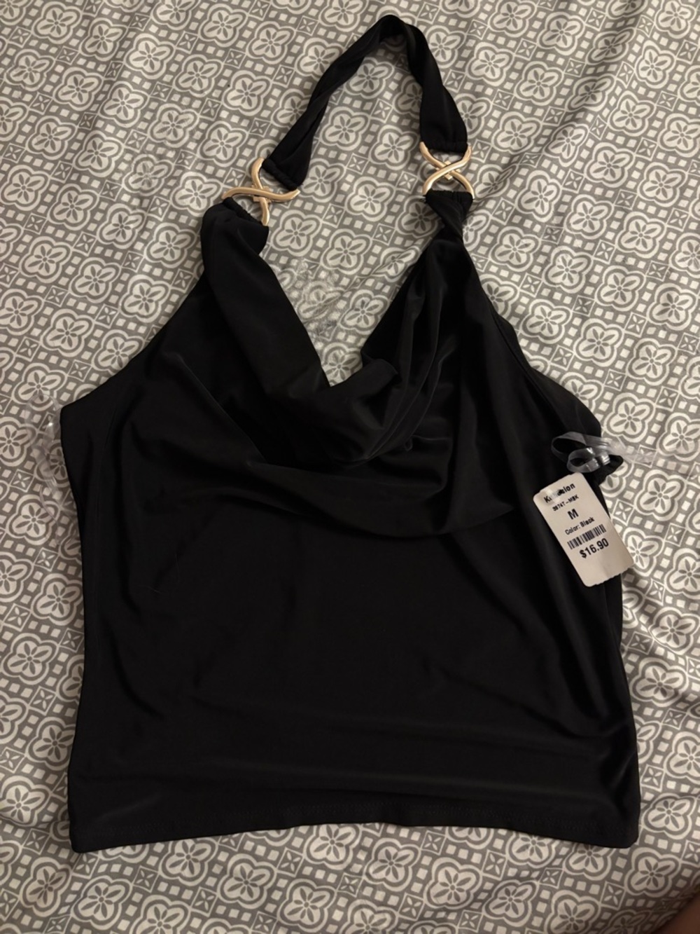 Black Halter Tank Top with Gold Ring Accents - Women